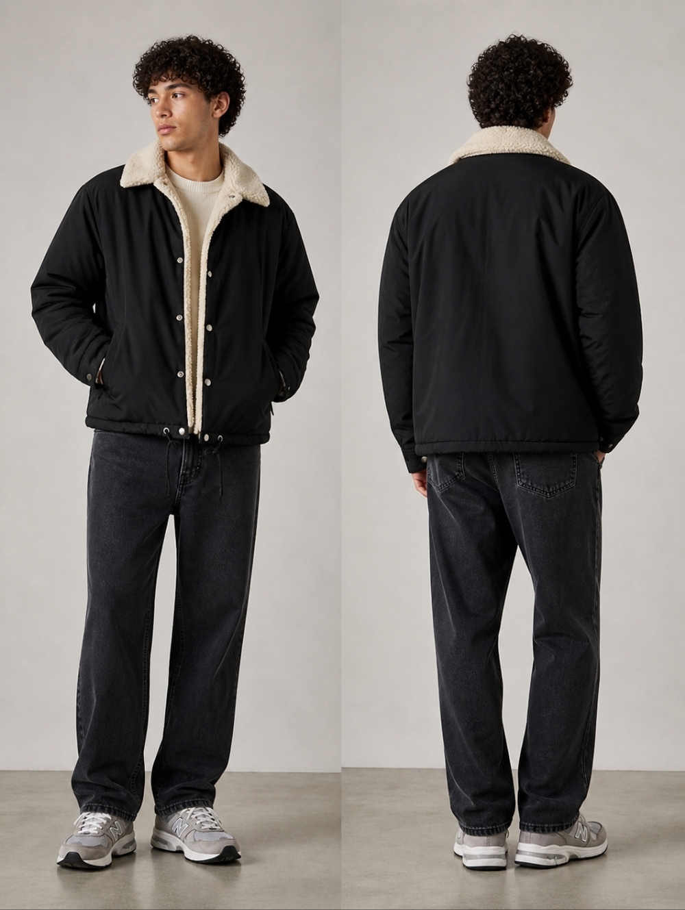 Men's Black Sherpa-Lined Jacket with Cream Collar